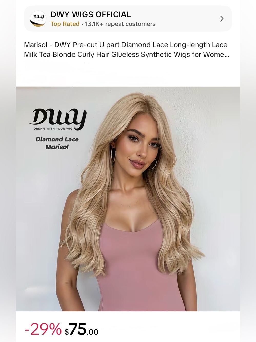 Marisol Long Pre-Cut U Part Diamond Lace Synthetic Wig — Milk Tea Blonde DWY